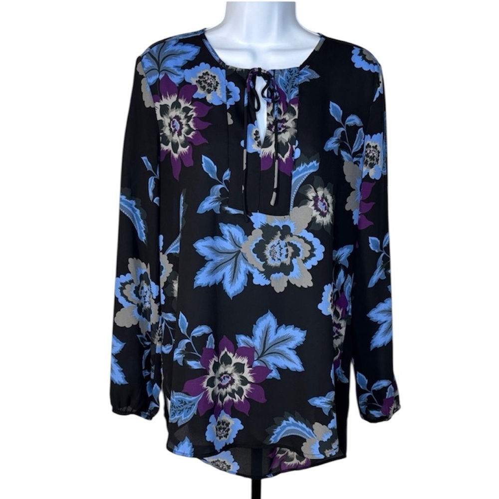 Joe Fresh Floral Blouse Long Sleeve Black with Blue Print